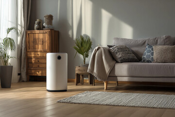 air purifier : home air purifier, clean air, water purifier, air purification,  healthy life, Smart air purifier placed beside a sofa in modern living room