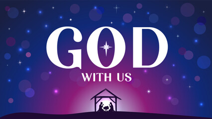 God with us, Immanuel - church banner with Bible quote typography, star and Nativity scene. Holiday concept for sermon series - Jesus lives within those who trust in Him. Vector illustration