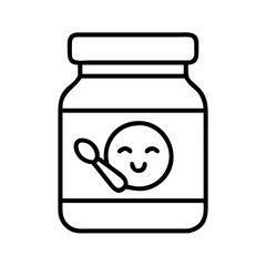 Simple line art icon of a baby food jar with a smiling face and spoon