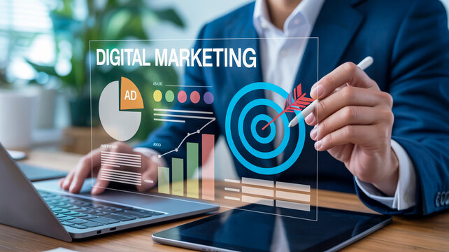 Businessman Analyzing Digital Marketing Strategy with Charts and Target Icon analysis graphs