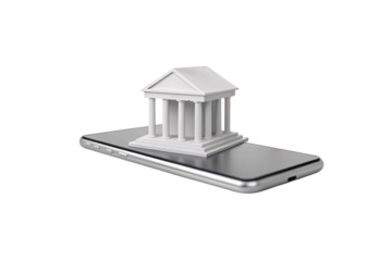 Three-dimensional bank structure sitting on smartphone surface illustrating mobile banking and digital financial services convergence concept, isolated on a transparent background