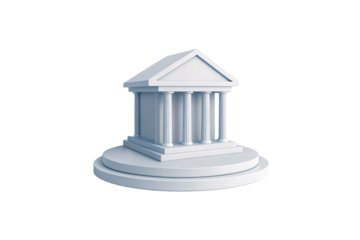 Small classical building model on circular stepped platform displaying ancient architectural design with columned portico and pediment, isolated on a transparent background