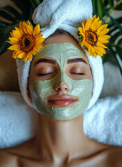 woman with her eyes closed, wearing towels on her head, facial mask her face