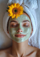 woman with her eyes closed, wearing towels on her head, facial mask her face
