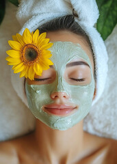 woman with her eyes closed, wearing towels on her head, facial mask her face