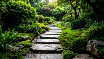 Serene stone path through lush garden
