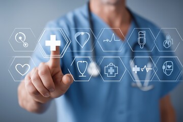 Close-up of a doctor's hand touching a glowing digital medical cross icon surrounded by a honeycomb pattern of healthcare interface icons.