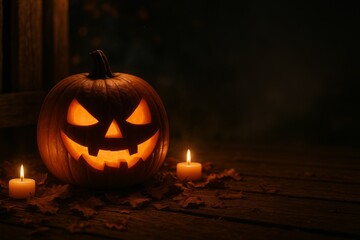 Fototapeta premium Glowing Halloween pumpkin lantern with candles and autumn leaves on wooden surface, creating a spooky atmosphere, copy space.
