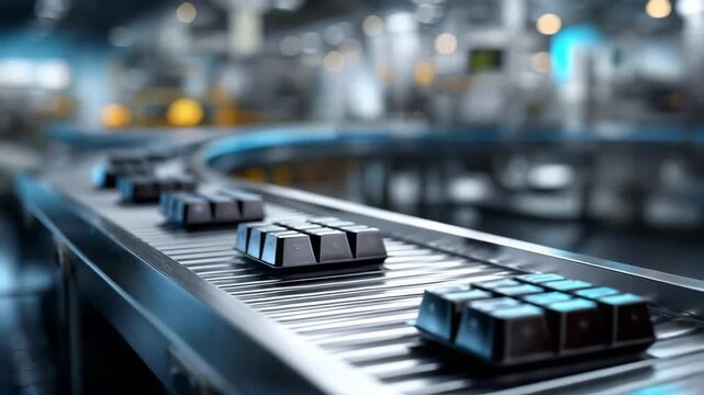 Close-up of a chocolate production line with rectangular bars on a moving conveyor belt in a factory.