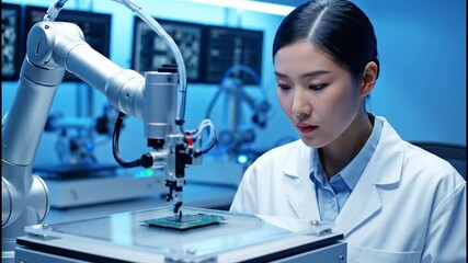 Female Engineer Developing Advanced Robotics in a Modern Laboratory.