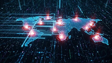 A simple yet profound visualization of global digital networks and data flow across the world map, representing interconnected technology and modern communication - Powered by Adobe