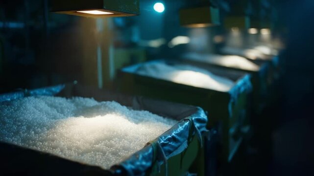 Industrial sugar processing: rows of bins filled with white sugar crystals under blue lighting.