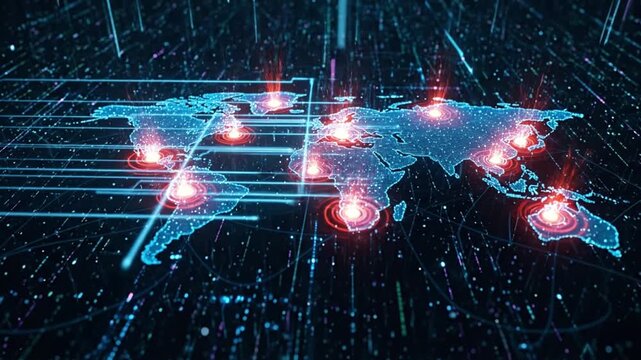 A simple yet profound visualization of global digital networks and data flow across the world map, representing interconnected technology and modern communication