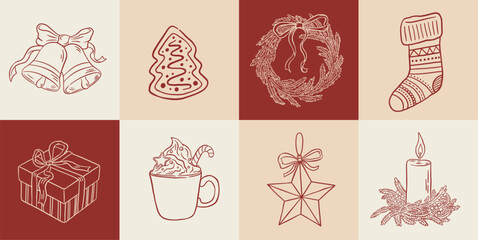 Hand draw Christmas decoration set. Vintage bells, gingerbread, wreaths, gift box, stocking, candle, coffee cup vector illustration. New Year greeting card, invitation, social media