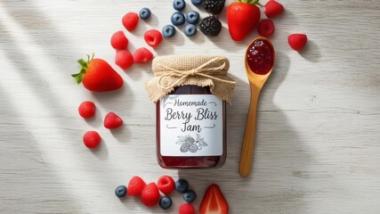 A beautiful arrangement of fresh berries animates away to reveal a jar of delicious homemade jam on a wooden table