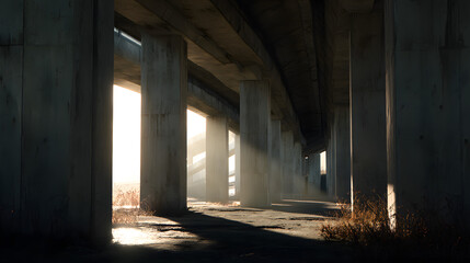 Fototapeta premium Concrete pillars supporting overpass sunlight photorealistic