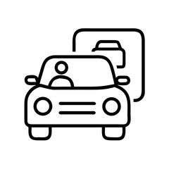 Simple line art icon of a car with a driver and a parking sign behind it