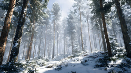 Dense forest covered in snow soft diffused light minimalist