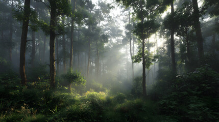Obraz premium Dense forest with morning fog soft sunlight filtering