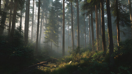 Obraz premium Dense forest with morning fog soft sunlight filtering