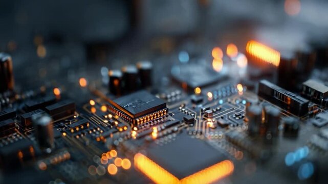 Close-up of a computer motherboard with microchips, capacitors and glowing orange LEDs.