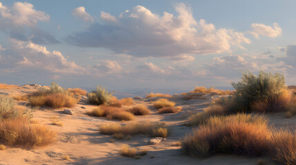Desert landscape with sparse shrubs warm sunlight minimalist