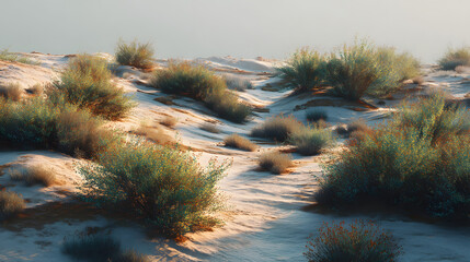 Desert landscape with sparse shrubs warm sunlight minimalist