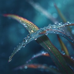 Photo of macro of dew on grass blade soft daylight realistic