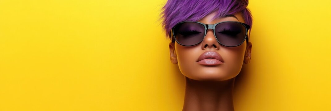 Epilepsy awareness, Purple Day concept. Young Woman with vibrant purple hair on yellow background.