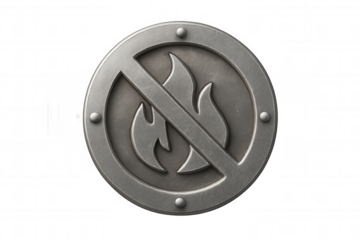 No fire caution badge, metal prohibiting sign symbol, preventing flames, transparent background