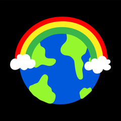 Earth Globe with Rainbow and Clouds Flat Vector Illustration