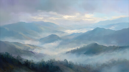 Fototapeta premium Foggy mountain ridge ethereal light painterly style soft
