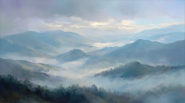 Foggy mountain ridge ethereal light painterly style soft