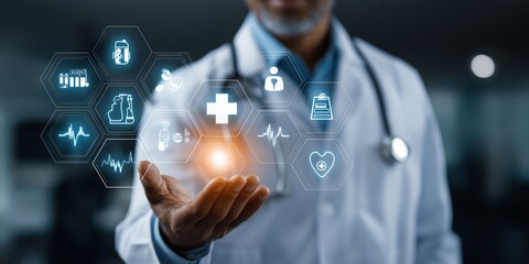 Close-up of a doctor's hand touching a glowing digital medical cross icon surrounded by a honeycomb pattern of healthcare interface icons.