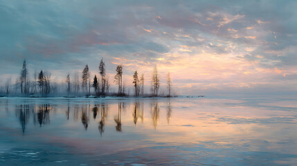 Obraz premium Frozen lake with thin glowing ice surreal winter landscape