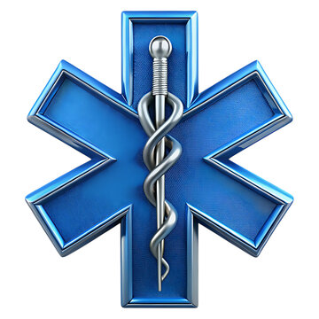 A blue star of life medical symbol with a silver caduceus staff, cutout, PNG isolated on white or transparent background