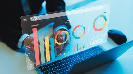 Person analyzing financial data on a futuristic holographic dashboard over a laptop data analysis business intelligence