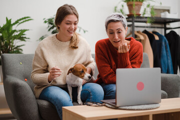 Relaxed mature and young relative women with Jack Russell Terrier lounging on sofa and having video call on laptop