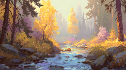 Gentle river flowing through autumn forest storybook