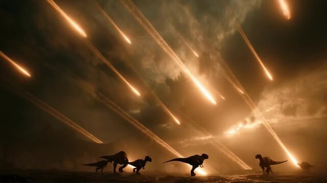 Prehistoric dinosaurs on a rocky shore as bright meteors streak across a smoky orange sky.
