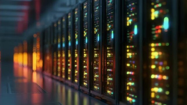 Rows of server racks in a data center with colorful blinking LEDs.