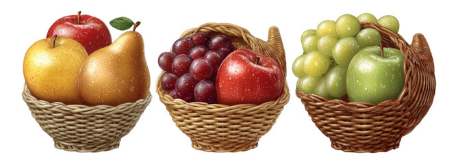 Fresh Fruit Baskets with Apples, Pears, and Grapes on Transparent Background