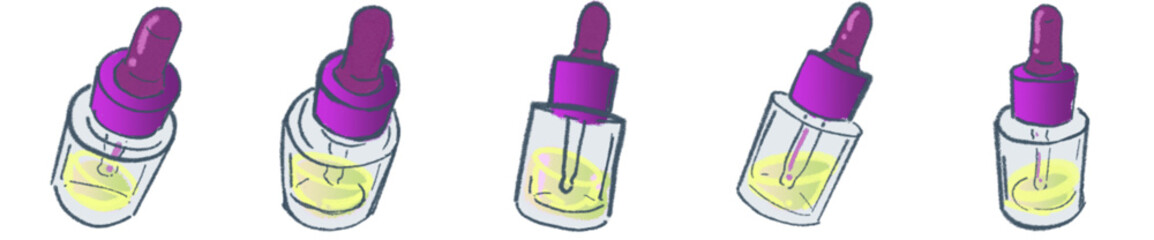 Skincare Dropper Bottle Illustration Set &ndash; Cute Cosmetic Serum and Essential Oil Bottle Vector for Beauty Branding and Packaging Design