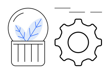 Leaf in a glass dome beside a gear, representing synergy between nature and technology. Ideal for sustainability, eco-friendliness, innovation, engineering, conservation, green energy, product