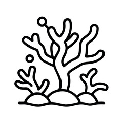 Stylized outline illustration of a coral reef ecosystem with bubbles and rocks