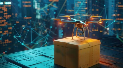 Delivery Drone Flying Over Packages in Modern Warehouse with Digital Network Background