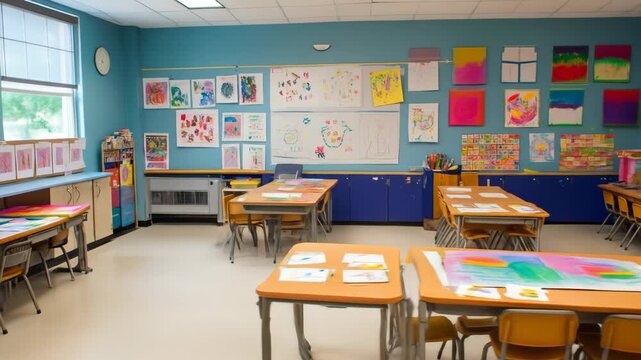 Empty classroom with desks, art supplies, and childrens artwork.