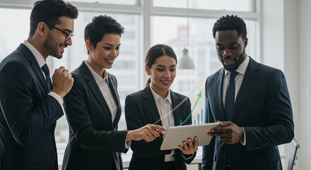 Diverse business executives analyzing upward trending graphs on tablet, optimistic expressions, modern office