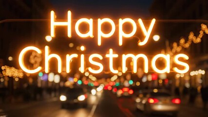 Happy Christmas neon sign over a blurred city street with cars and festive lights. Holiday greetings with urban background footage.