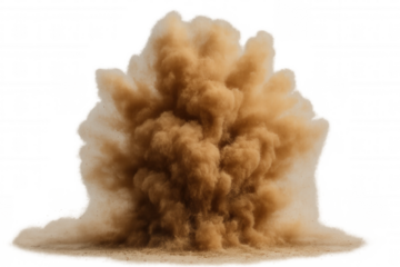 Explosive dust cloud rising from impact, depicting force, destruction, and dynamic motion, transparent background